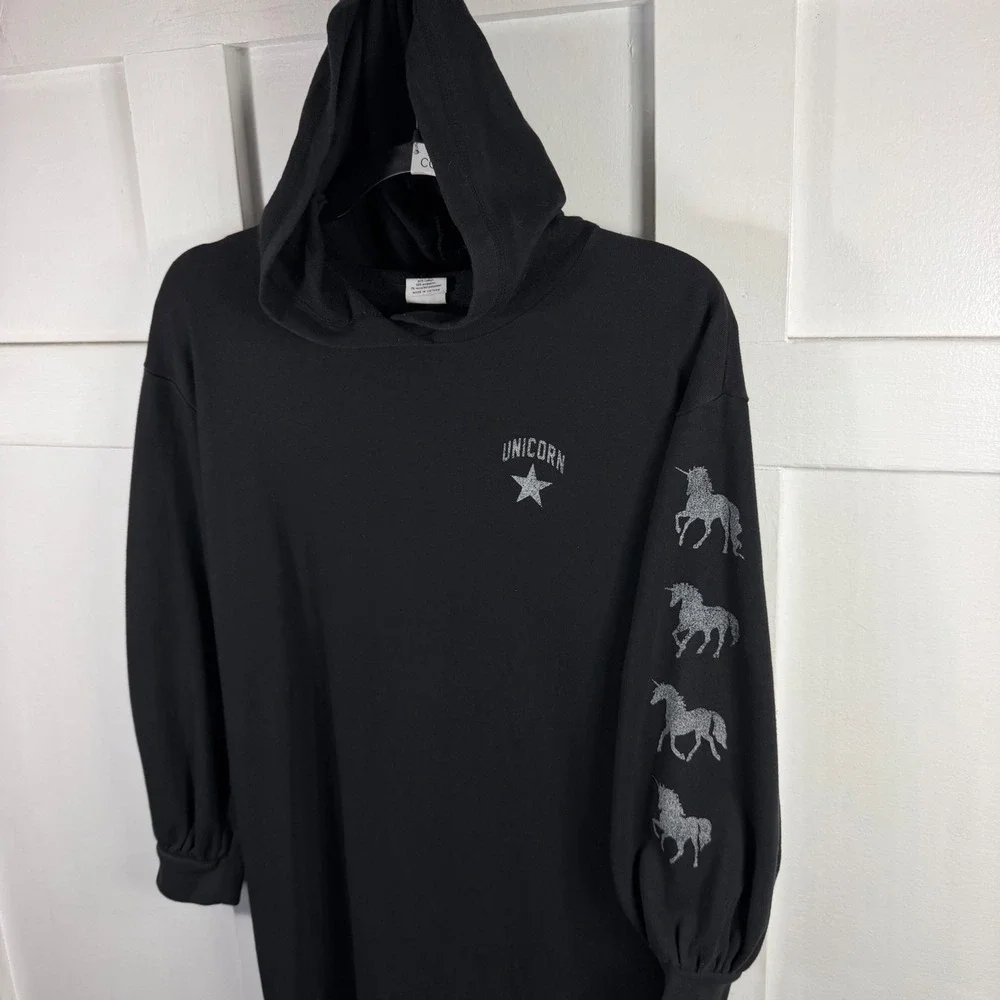 Gap Kids Girls XXL 14-16 Black Unicorn Glitter Graphic Hooded Sweatshirt Dress